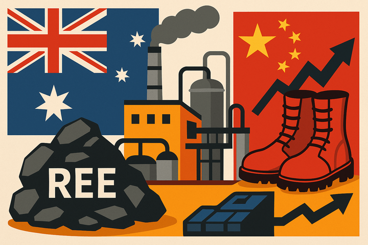 Grafik mit Australien-Flagge, REE-Fabrik, China-Flagge, Militärstiefeln und Erzgestein – symbolisiert geopolitischen Wandel und neue Dynamik für REE-Investoren weltweit.